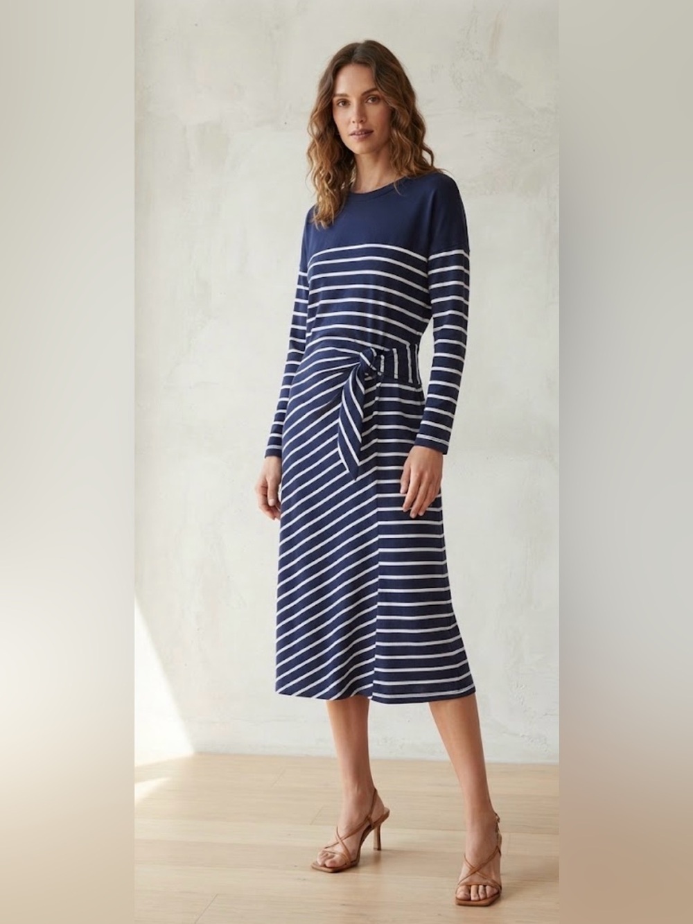 Madewell Navy and White Striped Midi Dress with Waist Tie